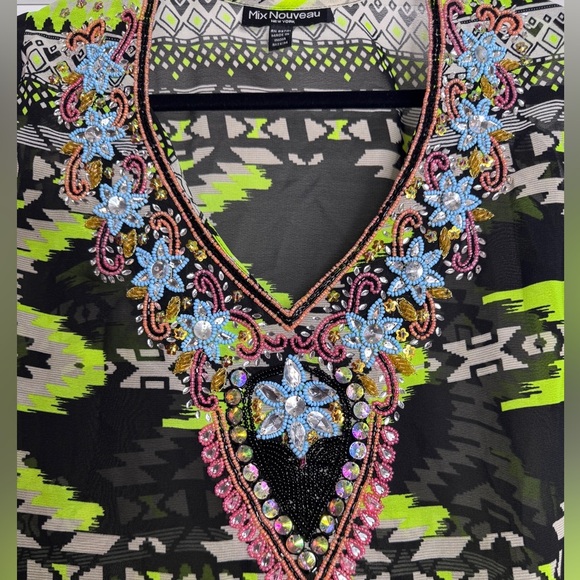 Women’s Mix Nouveau Sheer Boho Beach Swim Cover Up Tunic Beaded Embellishments - Picture 2 of 8